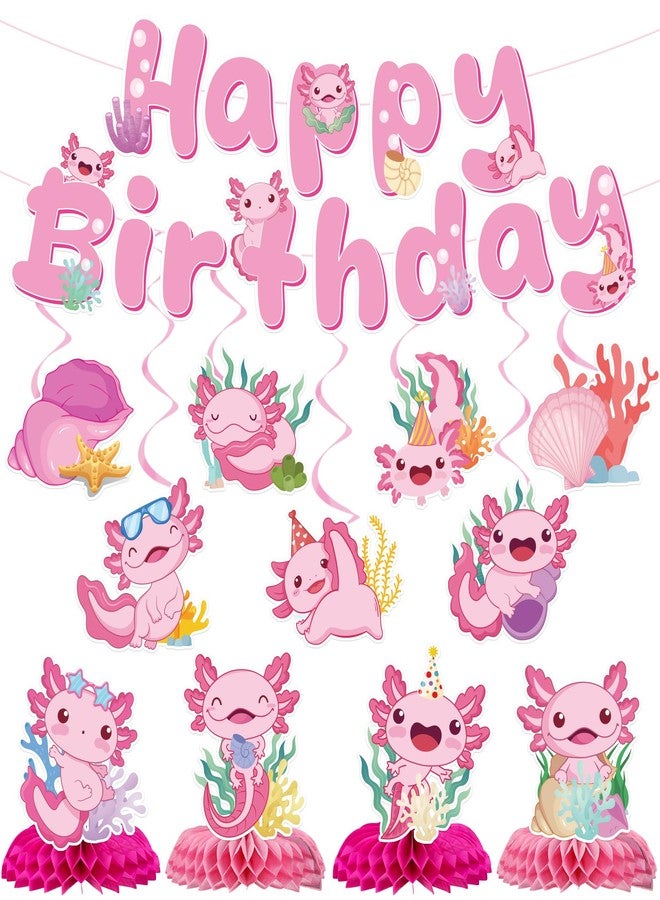 iPartyGo Axolotl Birthday Party Decorations - 12 PCs Pink Cute Cartoon Animals Happy Birthday Banner Ceiling Hanging Swirls Streamer Decor Table Honeycomb Centerpieces Favors for Kids Girls Backdrop - Image 1